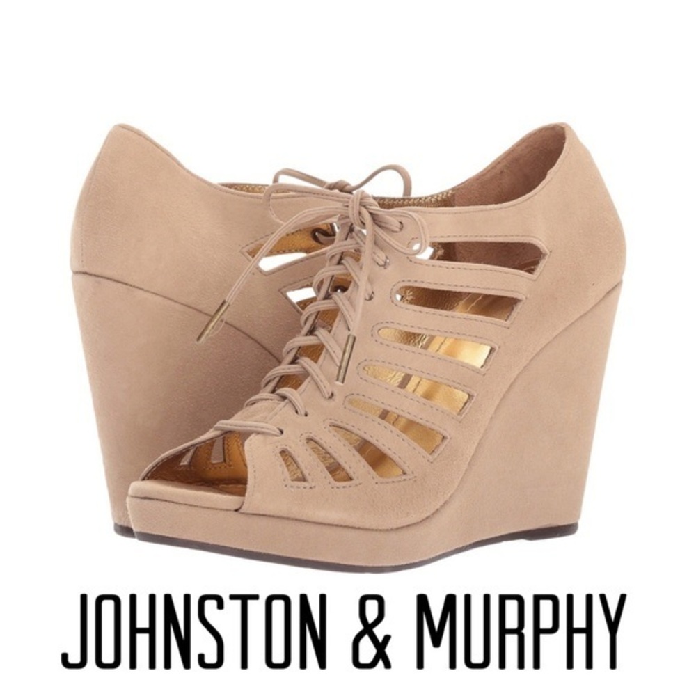 Worn Once! Like NIB! Taupe Kid Suede Maddie Caged Wedge Heels